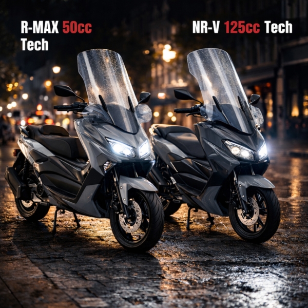 Pare-brise haut avec protection mains sur scooter blanc