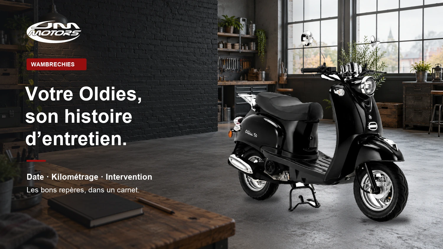 Oldies 50cc noir dans un atelier illustré avec un carnet au premier plan et le texte « Votre Oldies, son histoire d’entretien ».